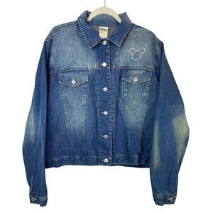 Vintage Disney Direct Denim Jacket Womens XL Mickey Mouse Rhinestone Distressed